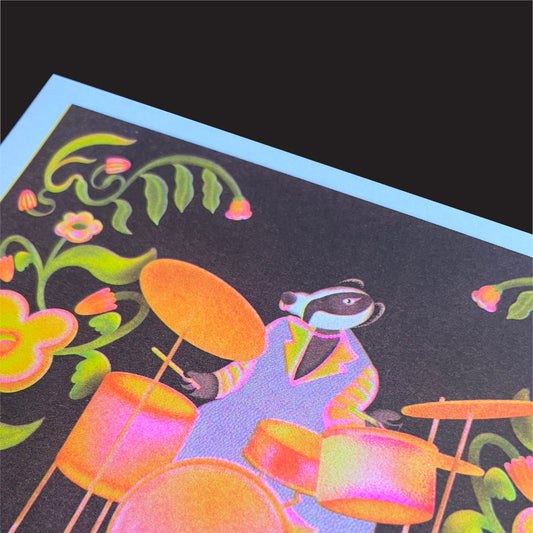 Risograph Print: Woodland Series - Badger - The Jazz Drummer