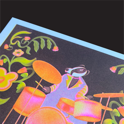 Risograph Print: Woodland Series - Badger - The Jazz Drummer